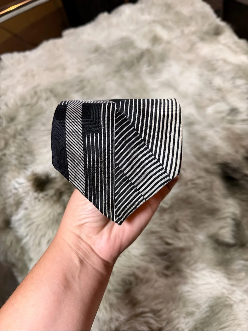 Vintage L’Atelier Men’s Silk Black and Ivory Striped Tie - Art Deco